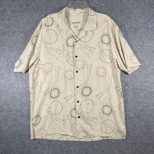 Pronto Uomo Button Down Men Size L Beige 100% Silk Geometric Circle Camp Shirt